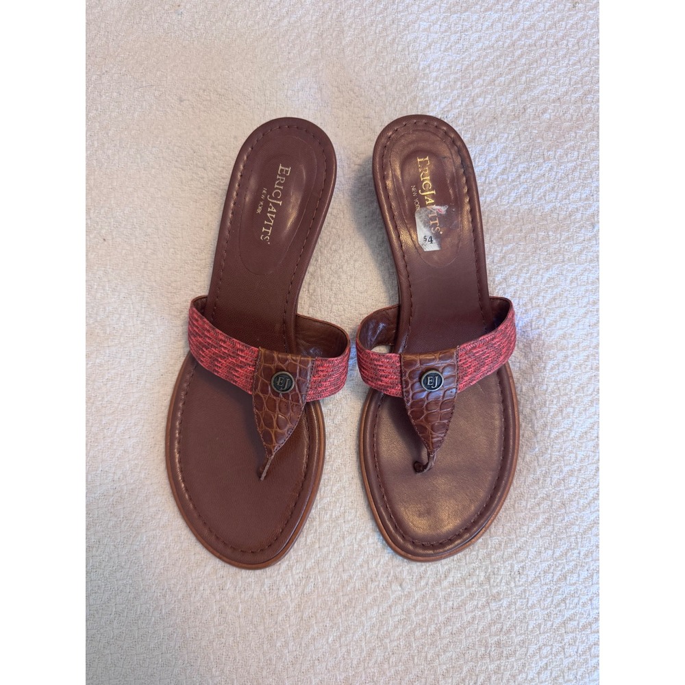 Eric Javits New York Woven Croc Leather Kitten Heel Thong Sandals Brown Red 9M